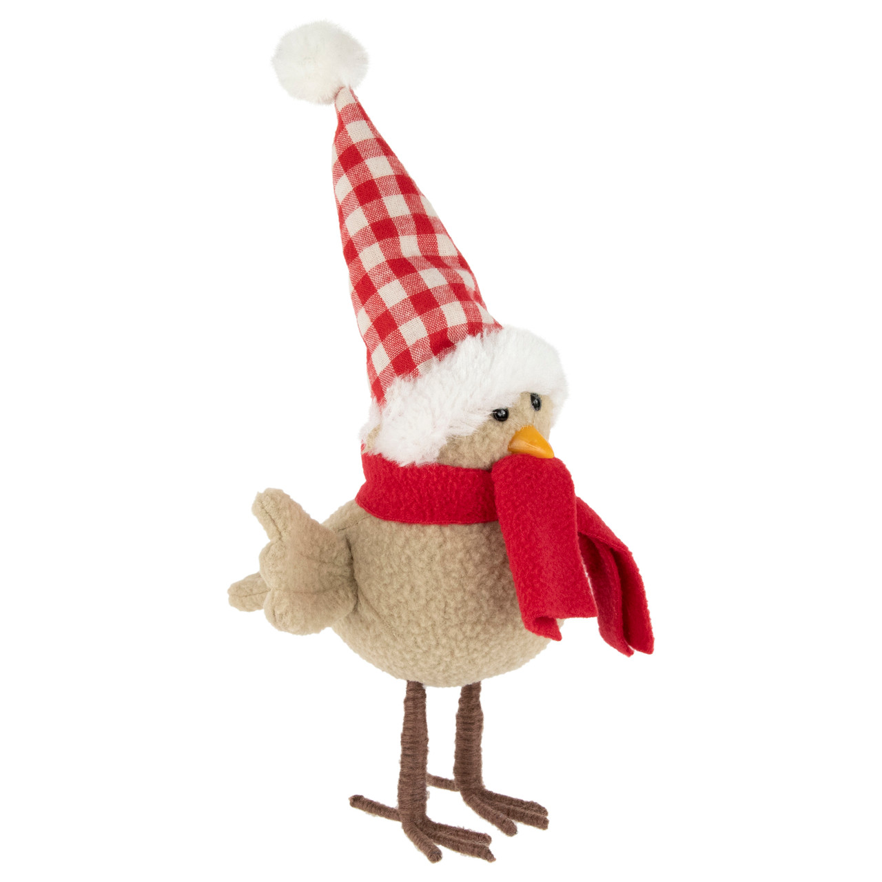 Standing Bird with Scarf and Plaid Hat Christmas Figure - 10" - Beige