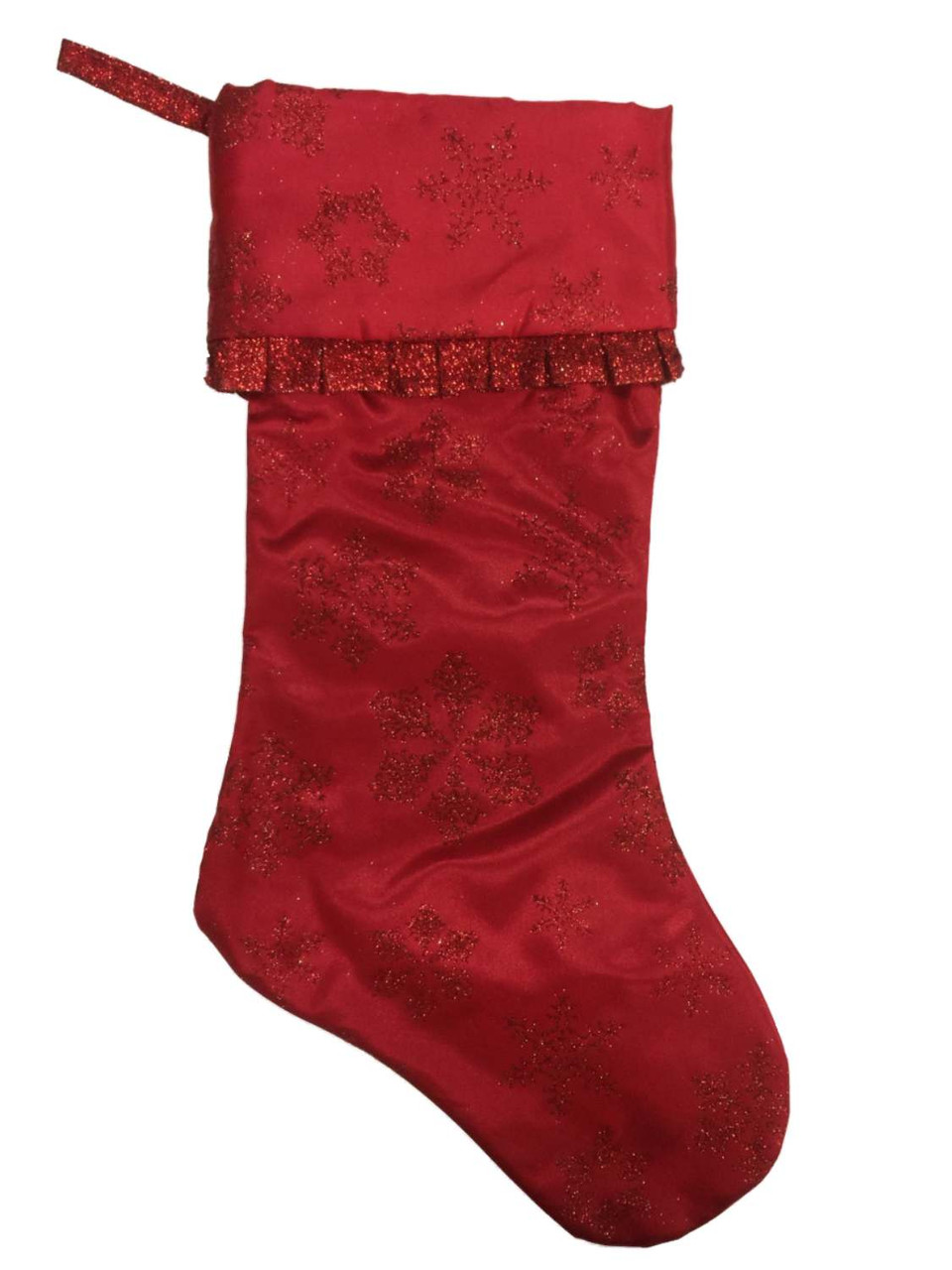 Red Glitter Satin Snowflake Christmas Holiday Stocking With Ruffle