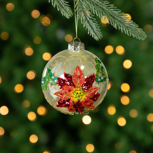 4" Red Glittered 2-D Poinsettia Glass Christmas Ball Ornament