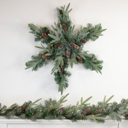 Pre-Lit Battery Operated Mixed Pine Christmas Snowflake Wreath - 32" - Warm White LED Lights