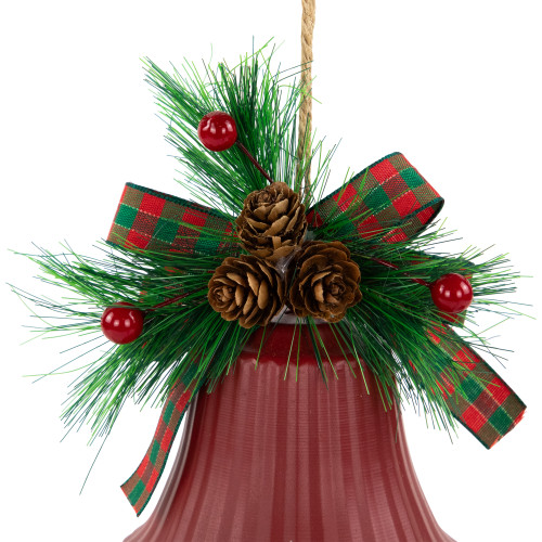 Bells with Pine Sprigs and Bow Christmas Ornaments- 7" - Red - Set of 2