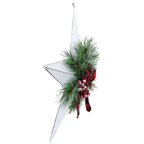 17" White 5 point Christmas Star With Plaid Ribbon with Artificial Pine