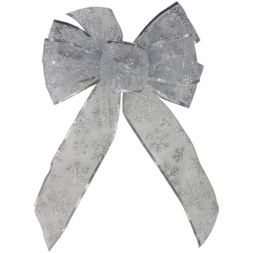 Glitter Snowflake 6-Loop Sheer Christmas Bow Decoration - 9" x 14" - Silver