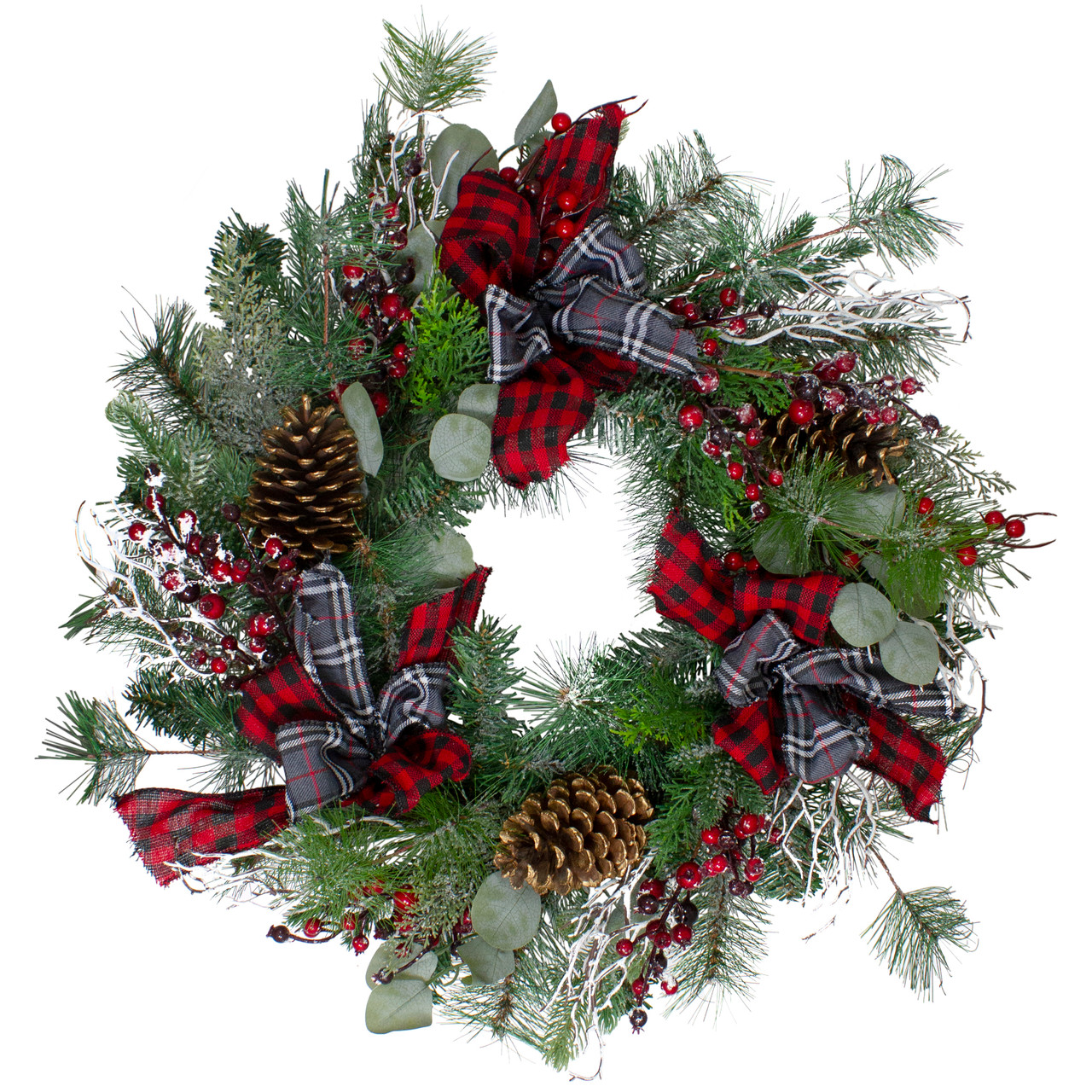 Dual Plaid and Berries Artificial Christmas Wreath - 24" - Unlit