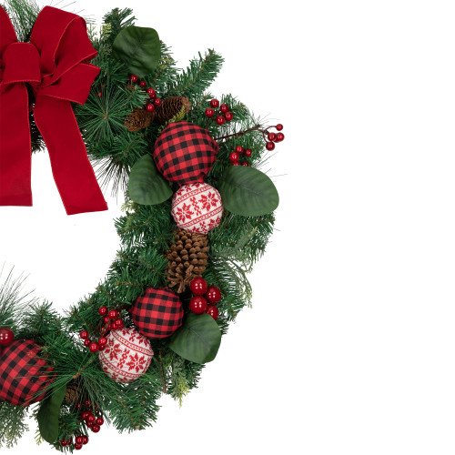 Red Bow and Mixed Foliage Artificial Christmas Wreath with Ornaments, 30-Inch