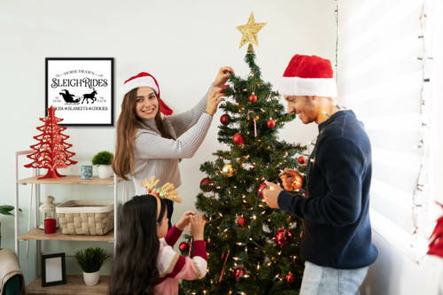 Horse Drawn Sleigh Rides 15.5" x 15.5" Framed Christmas Wall Decor Art Print Sign Poster in a Black Wooden Frame with UV Acrylic and Hangers