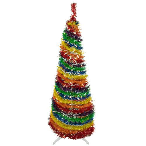 4' Pre-Lit Rainbow Tinsel Pop-Up Artificial Christmas Tree, Clear Lights