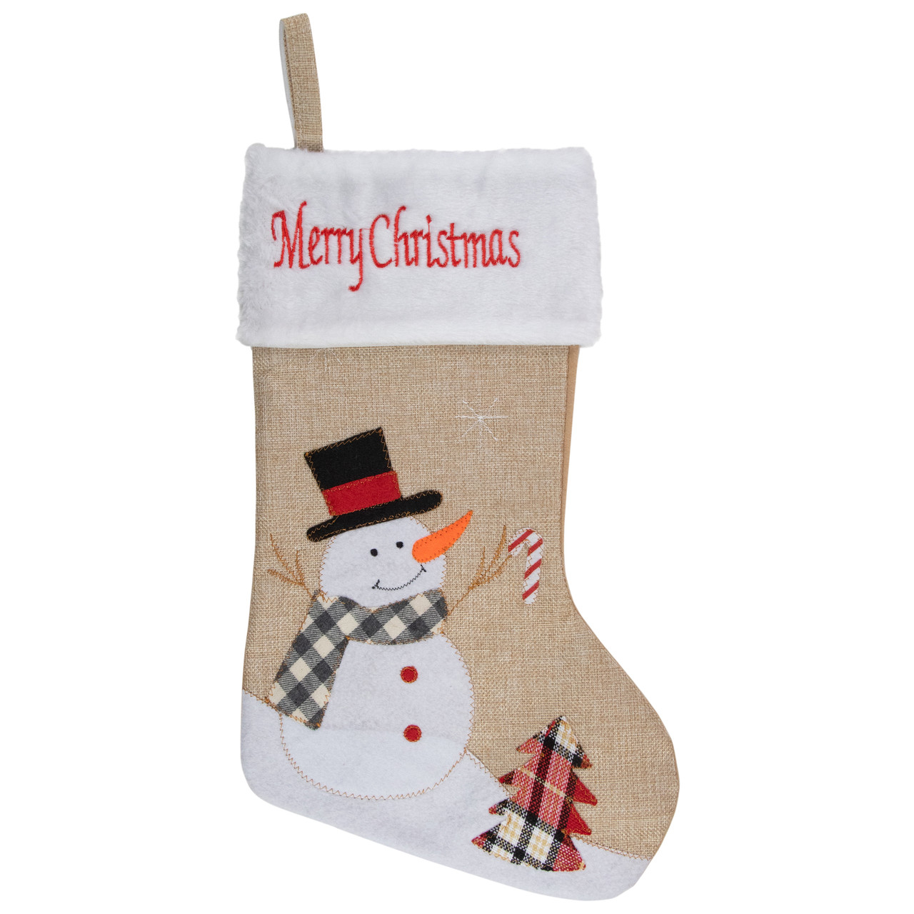 19" Beige and Red Burlap "Merry Christmas" Snowman Christmas Stocking