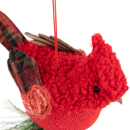 Burlap Cardinal with Pine Needles and Berries Christmas Ornament - 5.25" - Red