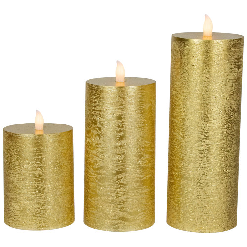 LED Flickering Flameless Pillar Christmas Candles - 8.75" - Gold - Set of 3