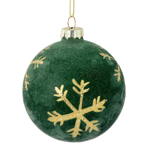 4ct Green Velvet Glass Christmas Ball Ornaments with Gold Snowflakes 3" (80mm)