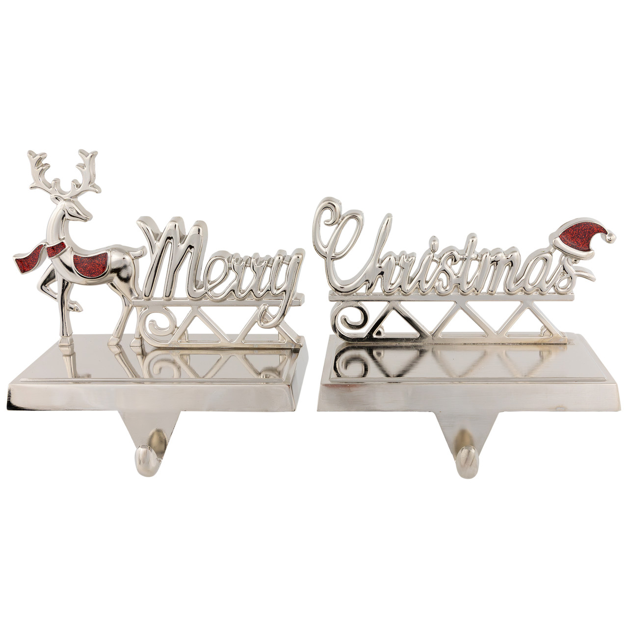 Set of 2 Silver Reindeer Merry Christmas Metal Stocking Holders 5.5"