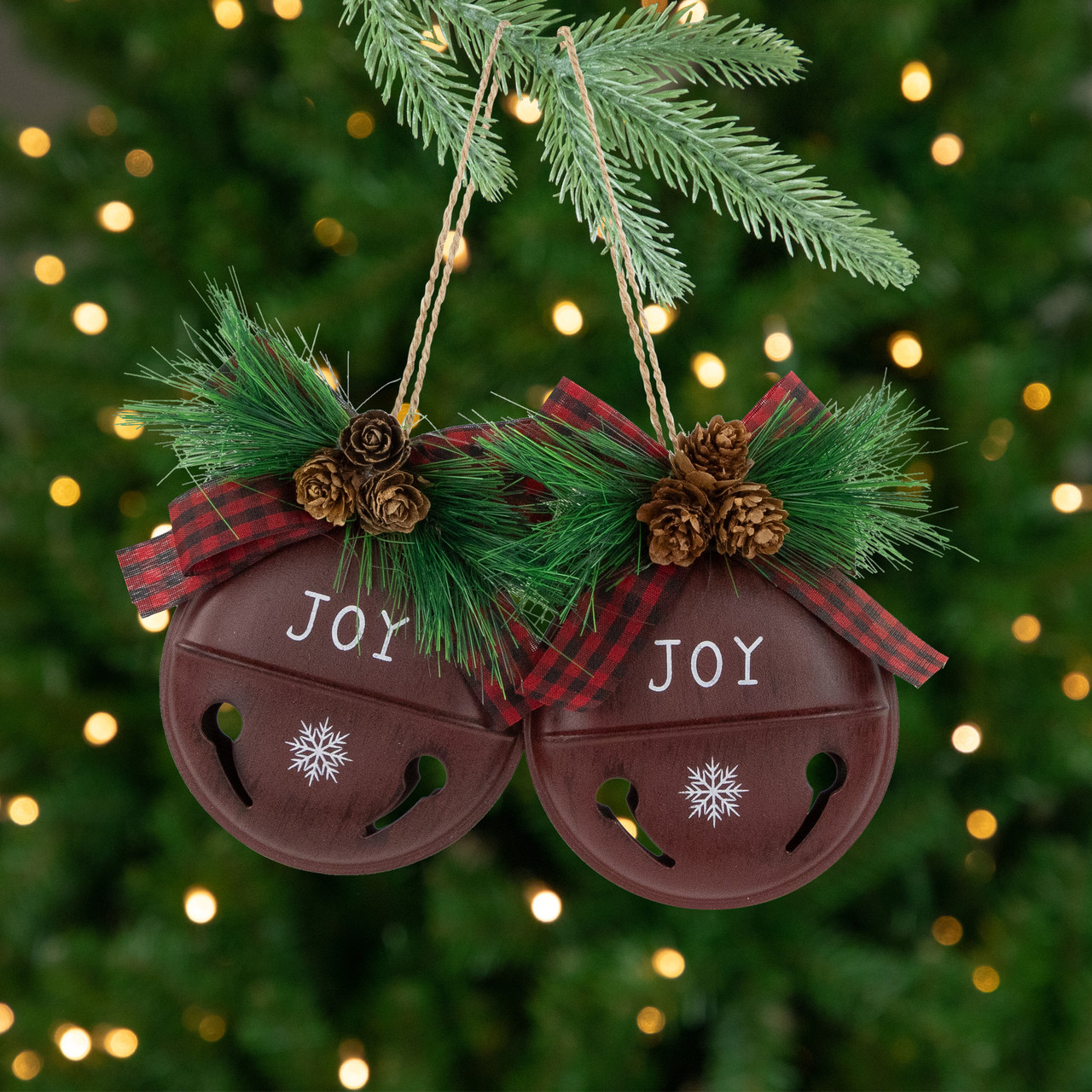 Snowflake "Joy" Jingle Bell Disc Ornaments - 5" - Set of 2