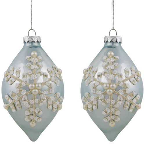 Set of 2 Shiny Artic Blue Textured Snowflakes Finial Christmas Glass Ornaments 5"