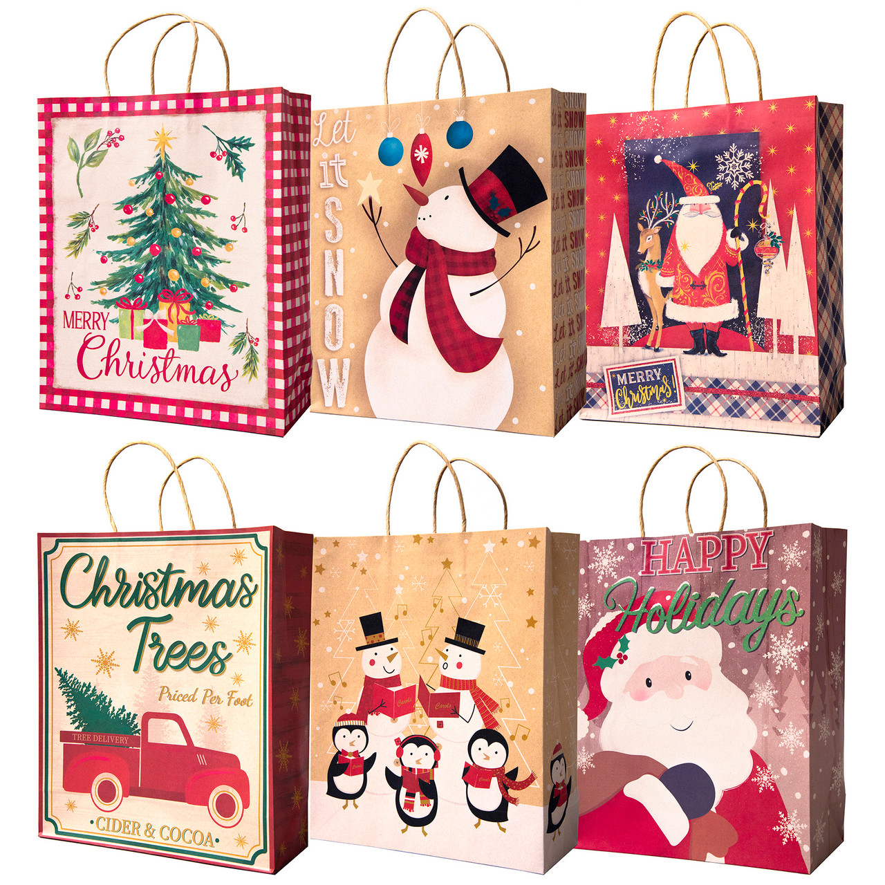 Pack of 12 Assorted Large Christmas Gift Bags with Handle