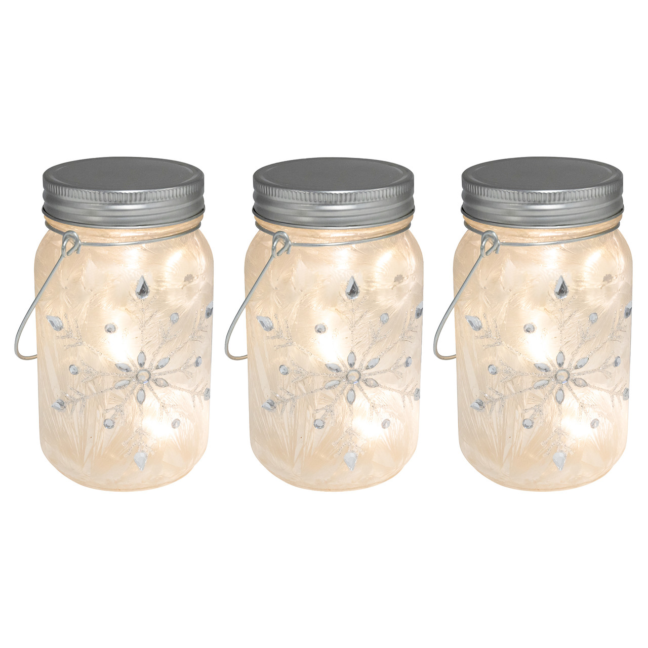 Battery Operated Silver Snowflake Glass Mason Jars - Set of 3