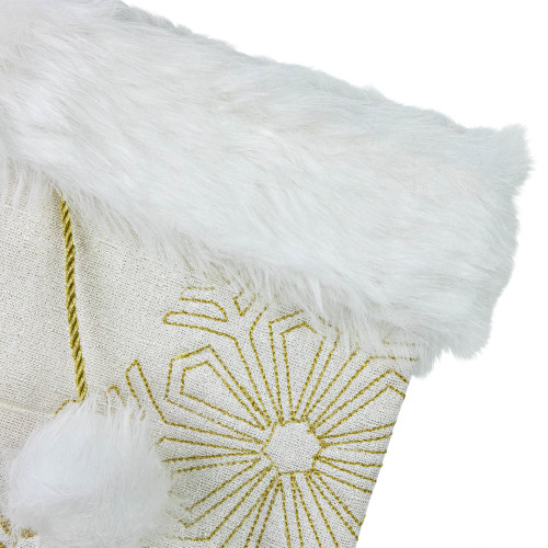 20" Cream with Gold Snowflakes Christmas Stocking with Faux Fur Cuff