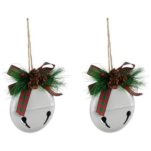 Jingle Bells with Bow and Pinecones Christmas Disc Ornaments - White - 5" - Set of 2