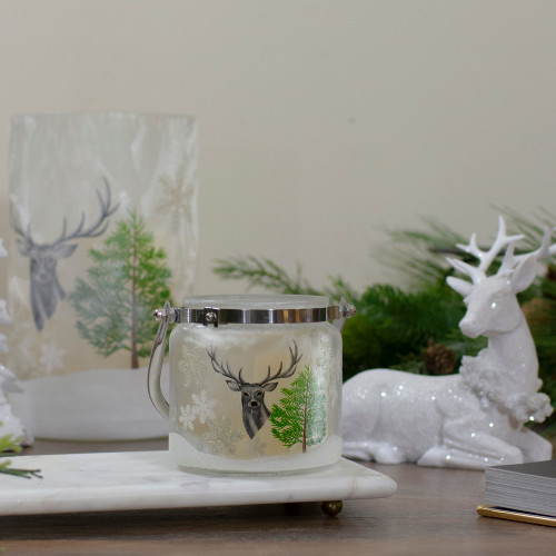 4" Deer, Pine and Snowflakes Hand Painted Flameless Glass Candle Lantern