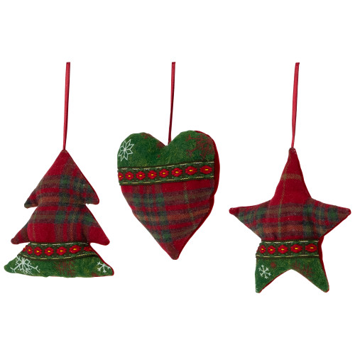 Plaid Heart, Tree and Star Christmas Ornaments - 5" - Red and Green - Set of 3