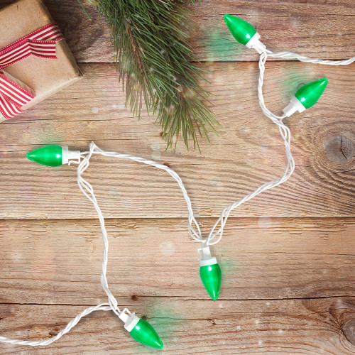 25 Count Green LED C7 Christmas Lights, 16 ft White Wire