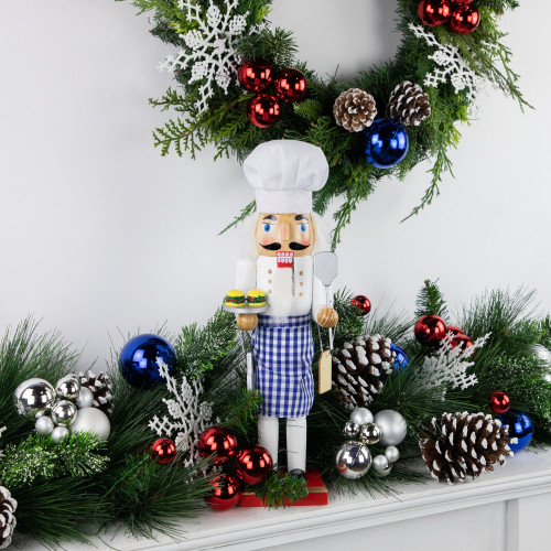 14" White and Blue Chef with Gingham Apron Wooden Christmas Nutcracker
