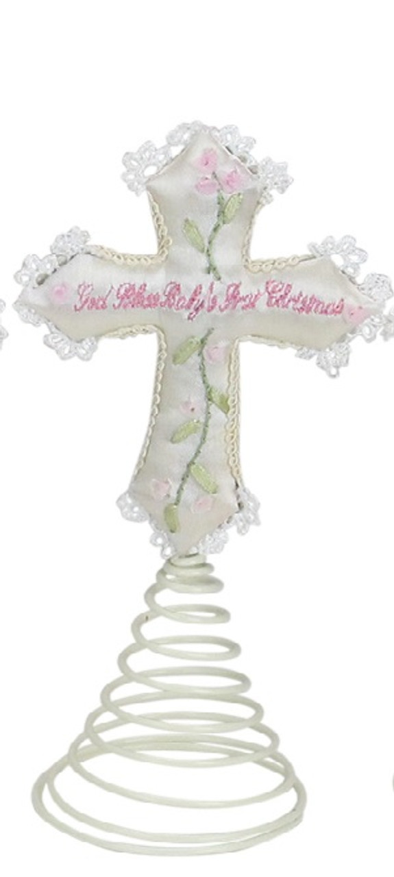 Pink "God Bless Baby's First Christmas" Cross Tree Topper