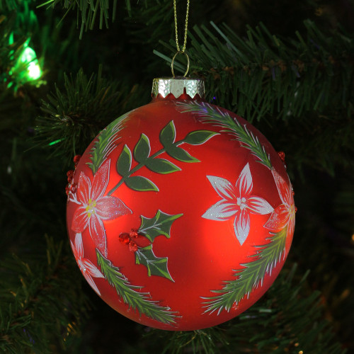 4" Red Poinsettia and Holly Glass Christmas Ball Ornament