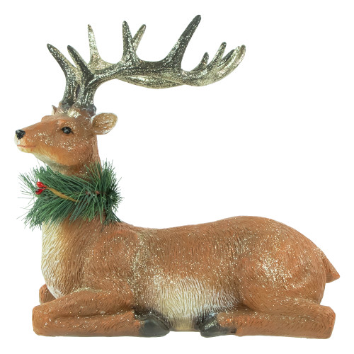 Glittered Sitting Deer with Pine Neck Wreath Christmas Decoration - 10"