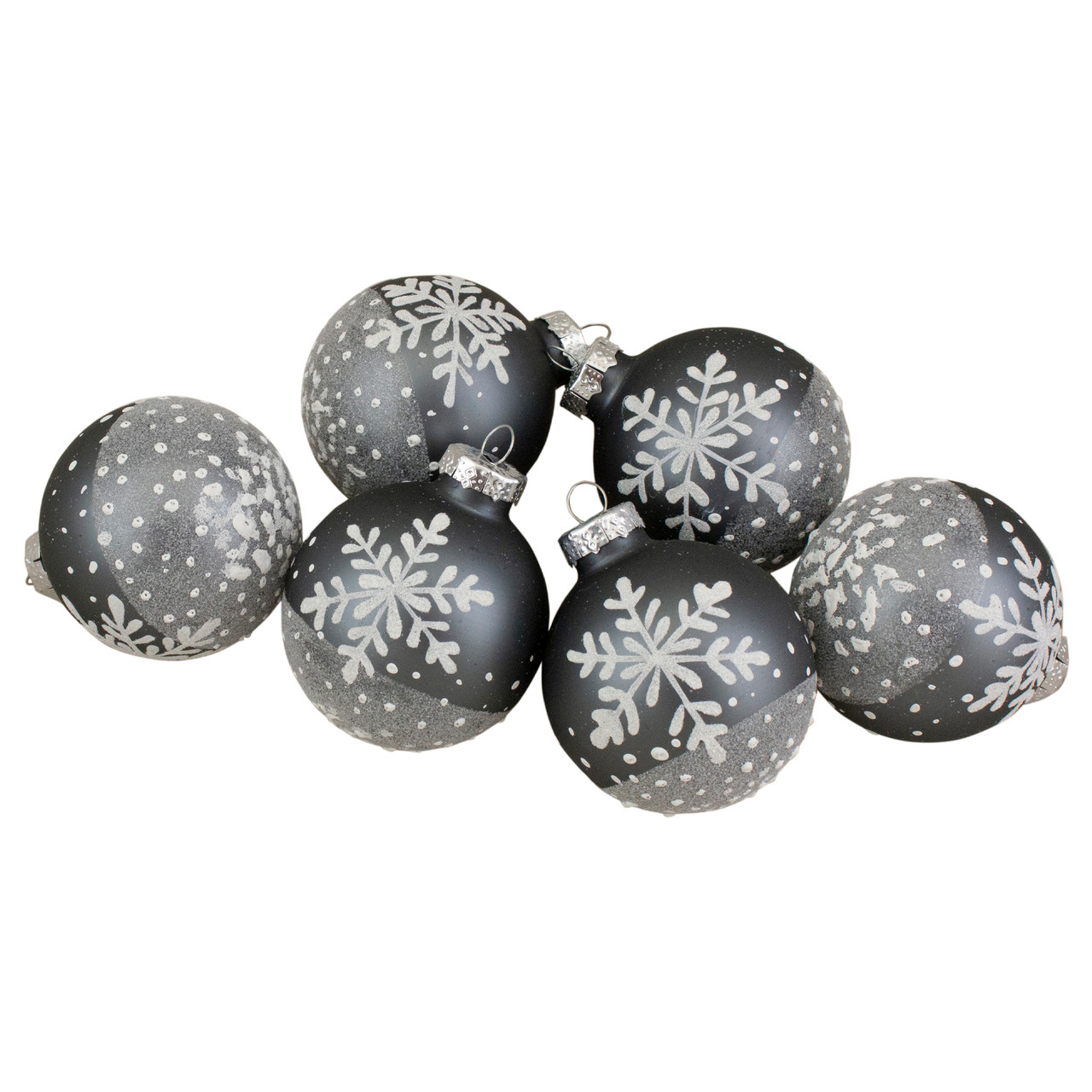 Set of 6 Gray and White Snowflake Glass Christmas Ball Ornaments 4" (101mm)