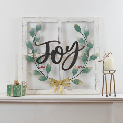 23.75" Joy Window Frame with Holly Christmas Wall Sign