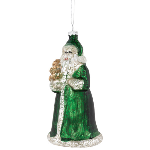 5.5" Nordic Green and Silver Santa Hanging Glass Christmas Ornament