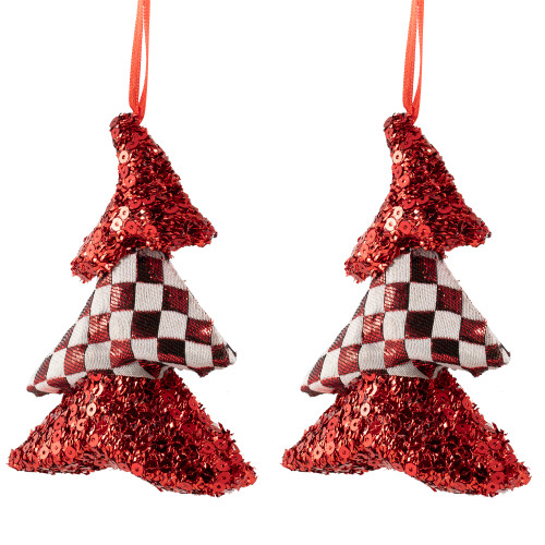 Sequined and Checkered Tree Christmas Ornaments - 5" - Red - Set of 2