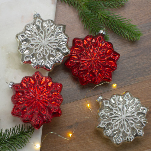 4ct Red and Silver Glass Snowflake Hanging Christmas Decorations 3.75-Inch (100mm)