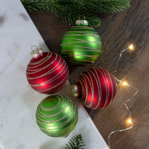 4ct  Glass Red and Green Matte Christmas Ball Ornaments 3.25-Inch (80mm)