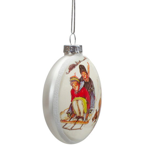 3" Norman Rockwell 'Young Love: Sledding' Glass Christmas Disc Ornament