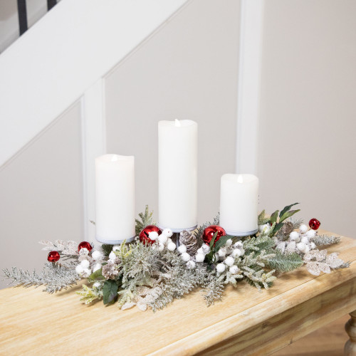 Frosted Winter Greenery and Jingle Bells Christmas Pillar Candle Holder - 28"