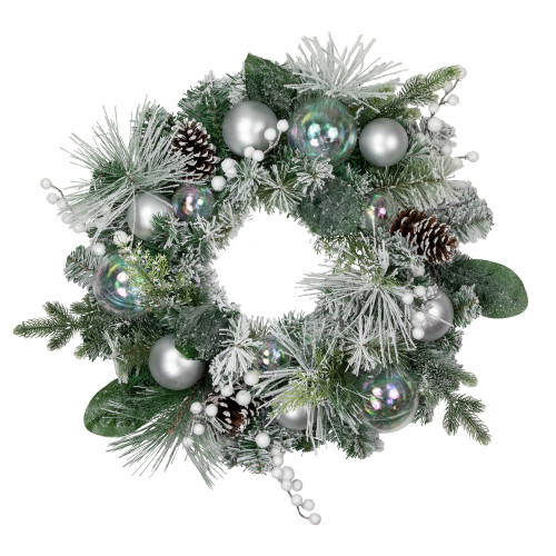 Flocked Pine Artificial Christmas Wreath with Iridescent Ornaments, 24-Inch, Unlit