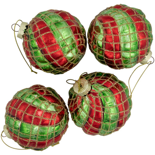 4ct Red and Gold Basket Weave Christmas Glass Ball Ornaments 3"