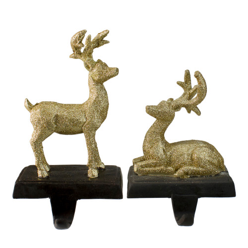 Reindeer Glittered Christmas Stocking Holders - 8.5" - Gold - Set of 2