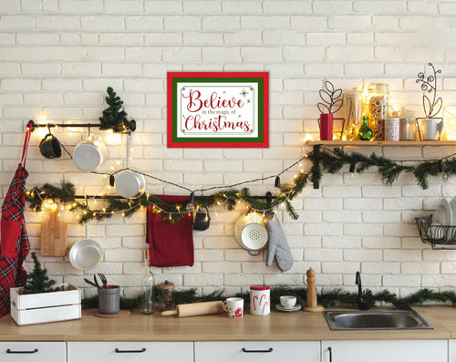 Red and Green Believe in the Magic of Christmas 12.5" x 16.5" Framed Christmas Wall Decor  Sign Poster in a Natural Wooden Frame with UV Acrylic