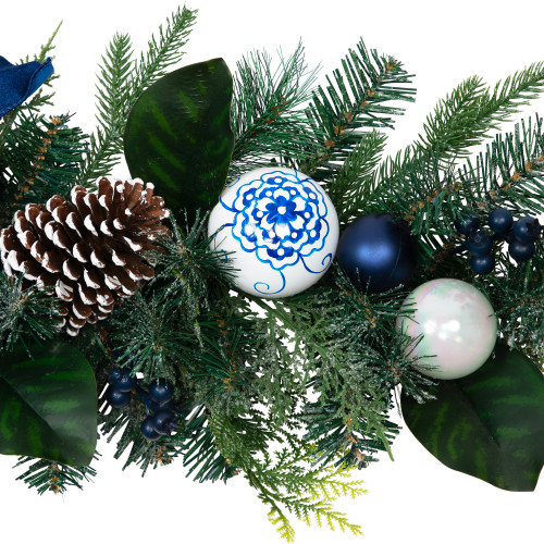 Frosted Pine with Blueberries, Bows and Ornaments Christmas Garland - 6' x 8" - Unlit