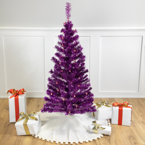 4' Pre-Lit Purple Tinsel Artificial Christmas Tree- Clear Lights, Purple Wire