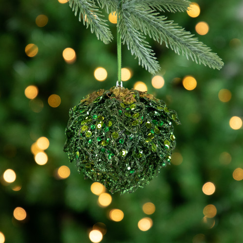 4" Green Glitter and Sequin Leaf Shatterproof Christmas Ball Ornament