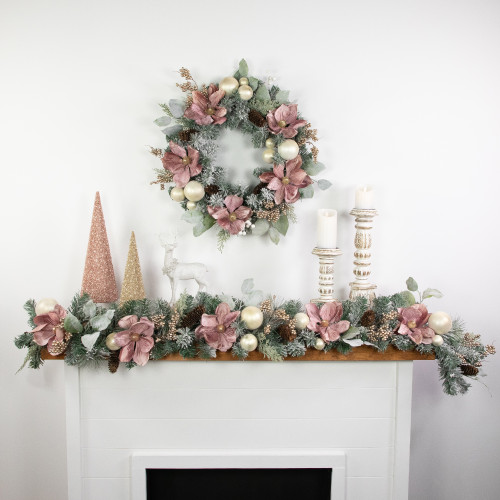 Pink Floral and Ball Ornament Frosted Pine Artificial Christmas Wreath, 24-Inch, Unlit