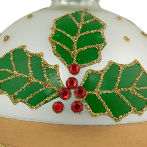 Set of 2 Holly and Berries Glittered Christmas Glass Ball Ornaments 4"