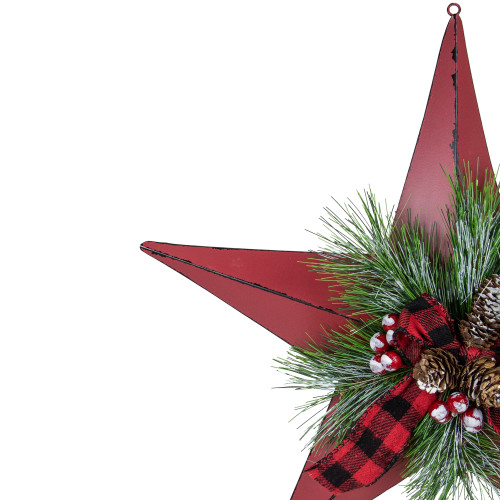 17" Red distressed 5 point Christmas Star With Plaid Ribbon with Artificial Pine