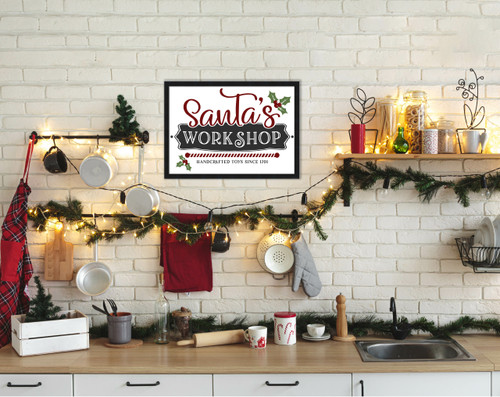 Santa's Workshop Handcrafted Toys 14.5" x 20.5" Framed Christmas Wall Decor Art Print Sign Poster in a Black Wooden Frame with UV Acrylic and Hangers