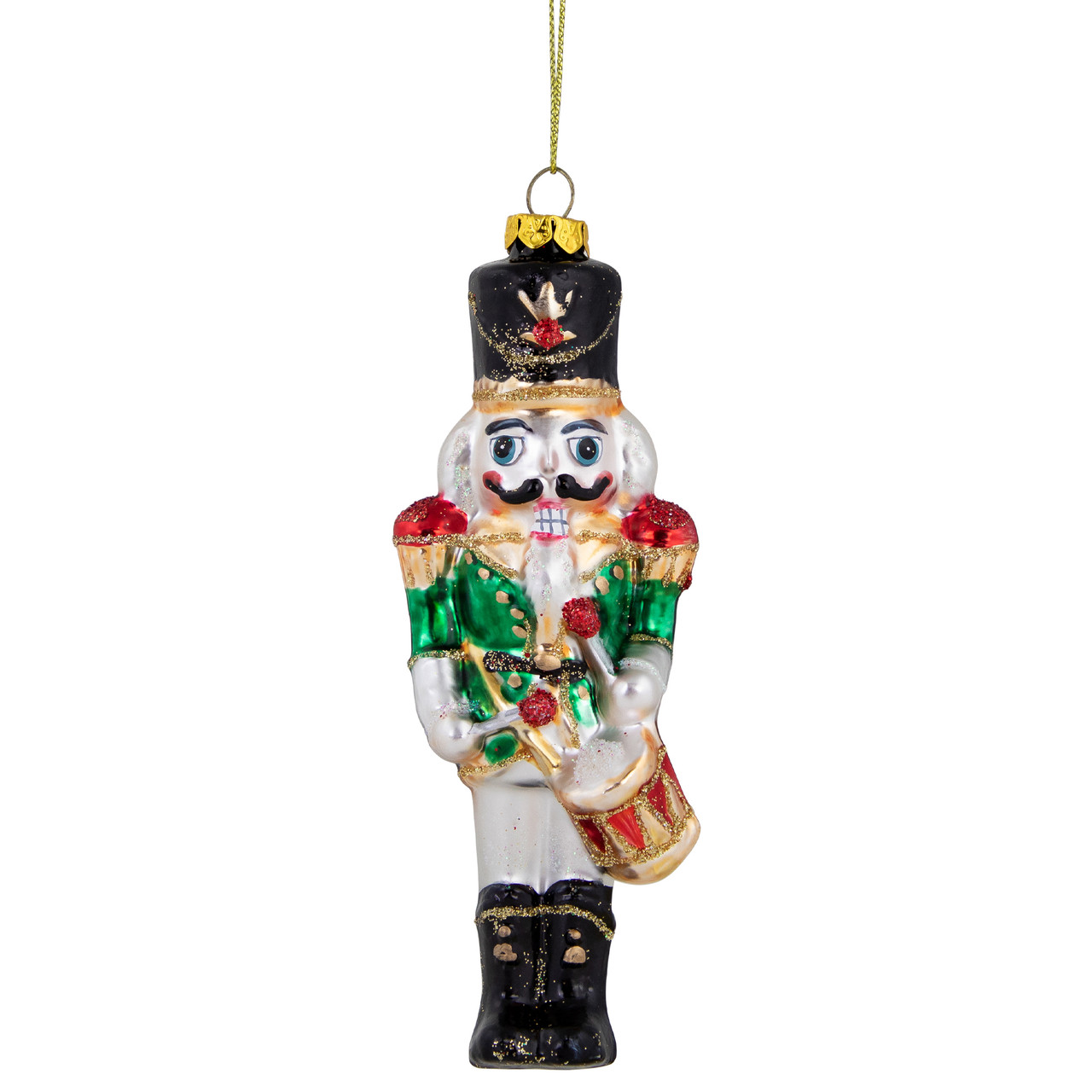 5.25" Green, Red and Gold Nutcracker With Drum Glass Christmas Ornament