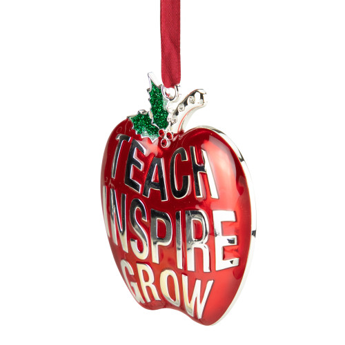 3.25" Red Silver Plated Apple Teacher Christmas Ornament with European Crystals